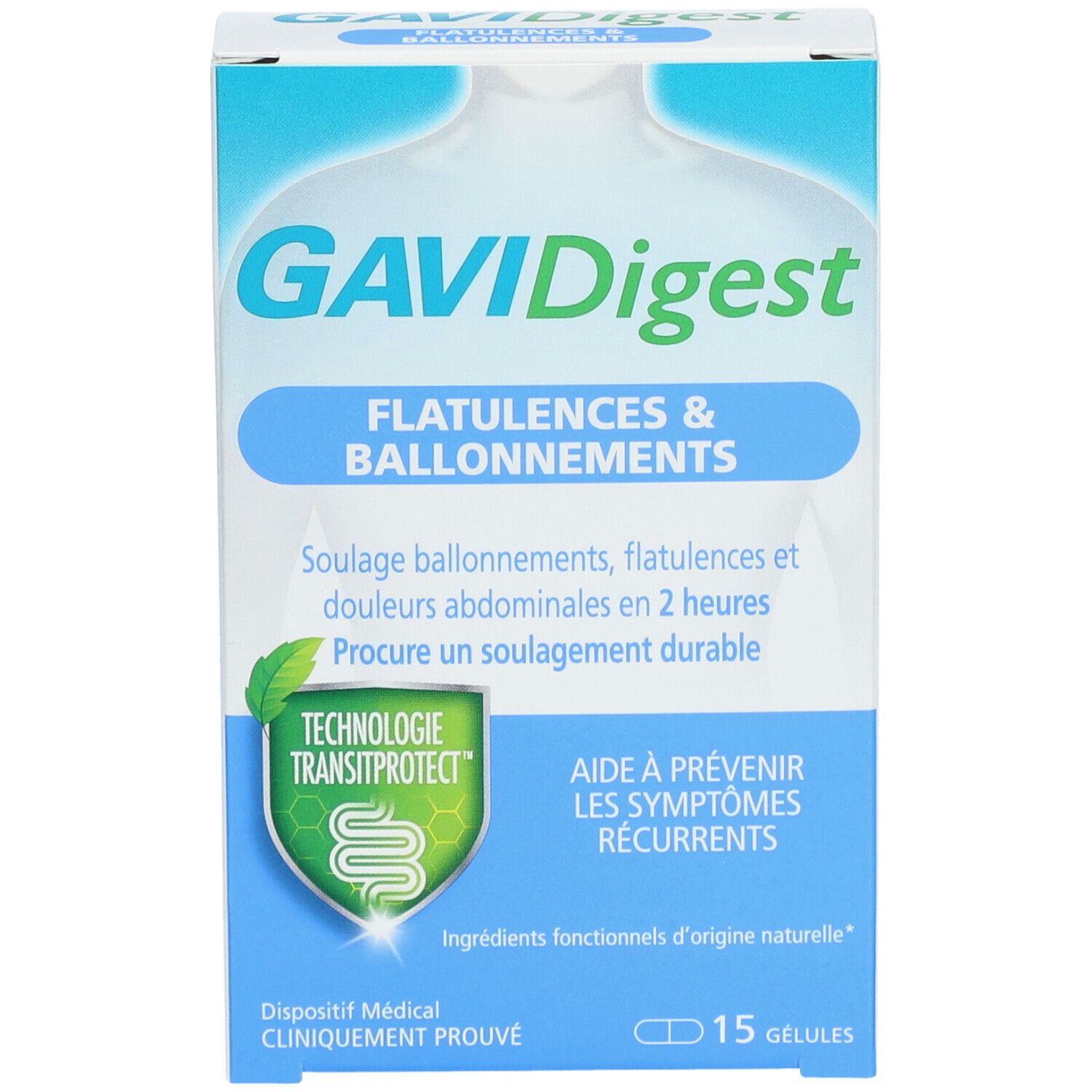 Vooraanzicht van de GAVIDigest-doos. Opschrift "Flatulences & Ballonnements". Bevat 15 capsules.