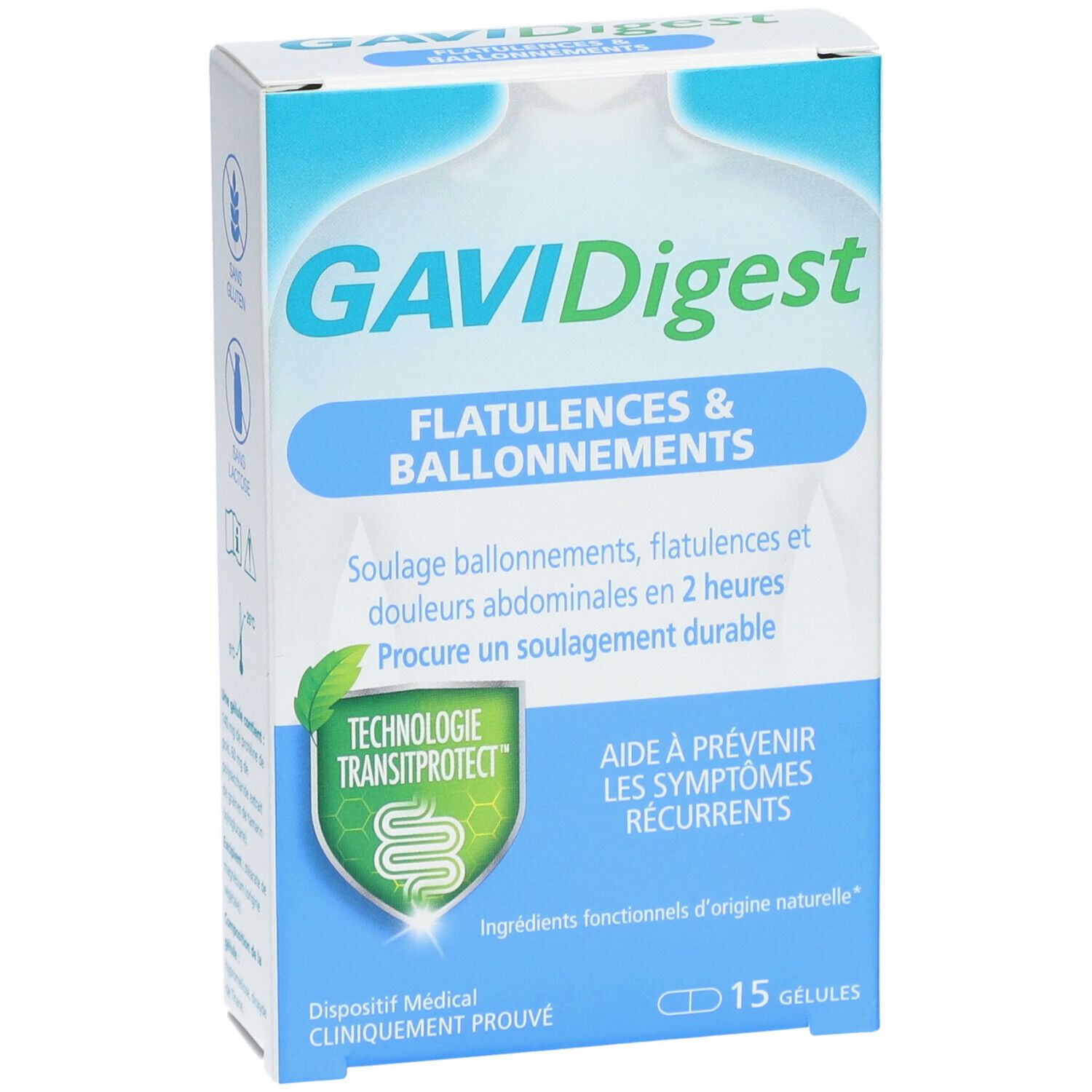 Vooraanzicht van de GAVIDigest-doos. Opschrift "Flatulences & Ballonnements". Bevat 15 capsules.