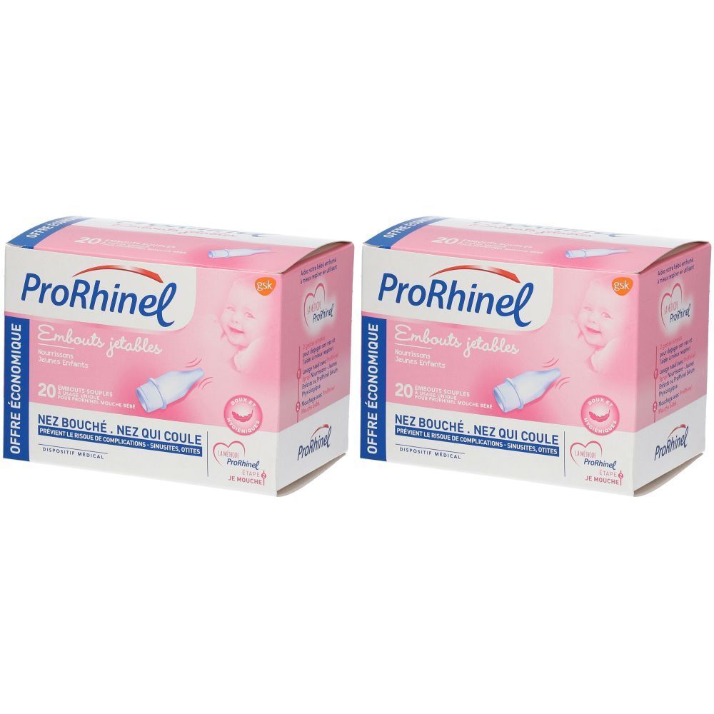 Twee roze dozen met "ProRhinel" logo. Opschrift: "Embouts jetables", "Nez bouché, nez qui coule". 20 stuks.