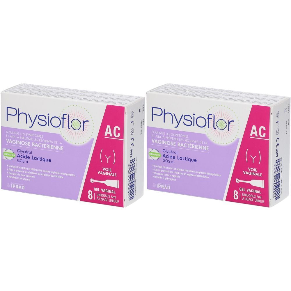 Deux boîtes de "Physioflor AC". Inscription "Vaginose bactérienne" et "8 Gel vaginal" sur chaque boîte.
