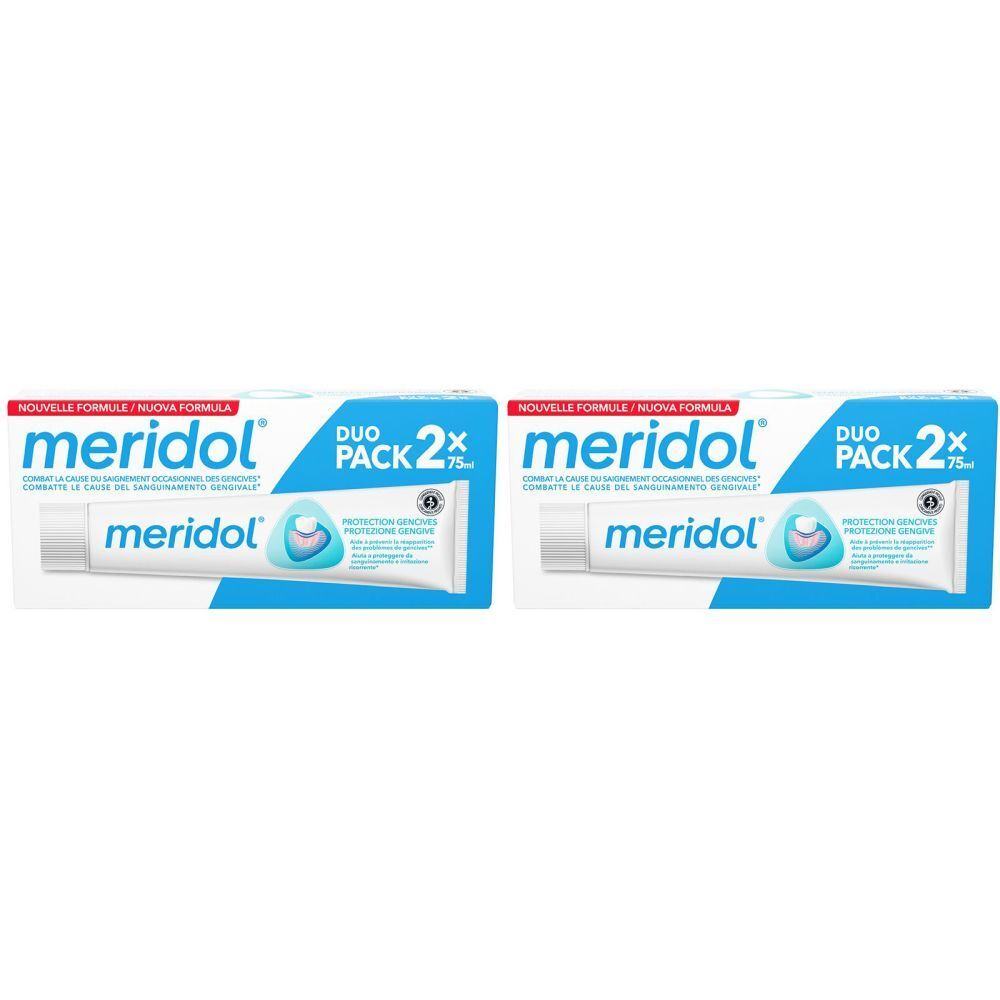 Twee tandpastatubes in een Duo Pack verpakking. Het woord "meridol" is zichtbaar op de tube en de verpakking.