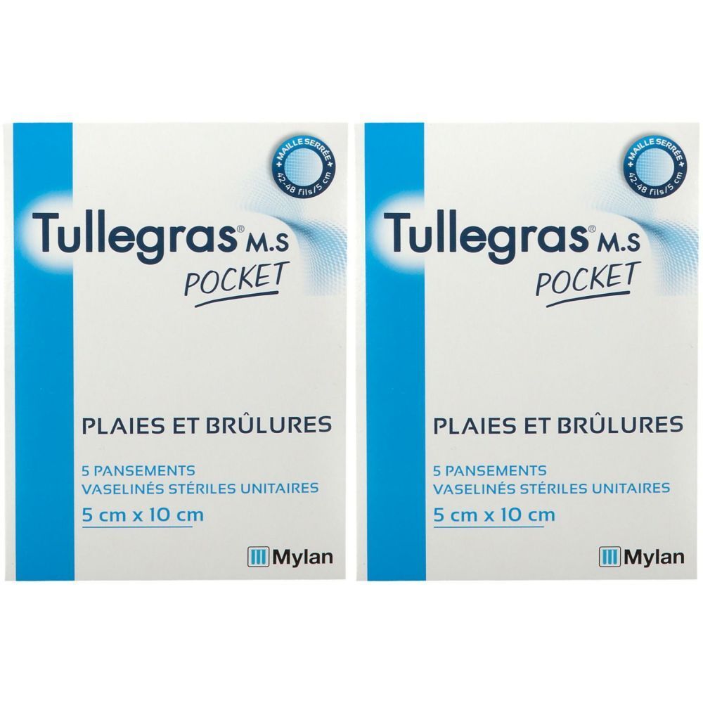 Deux emballages de Tullegras M.S Pocket. Inscription: PLAIES ET BRÛLURES, 5 pansements, vaselinés stériles unitaires, 5 cm x 10 cm. Marque Mylan.