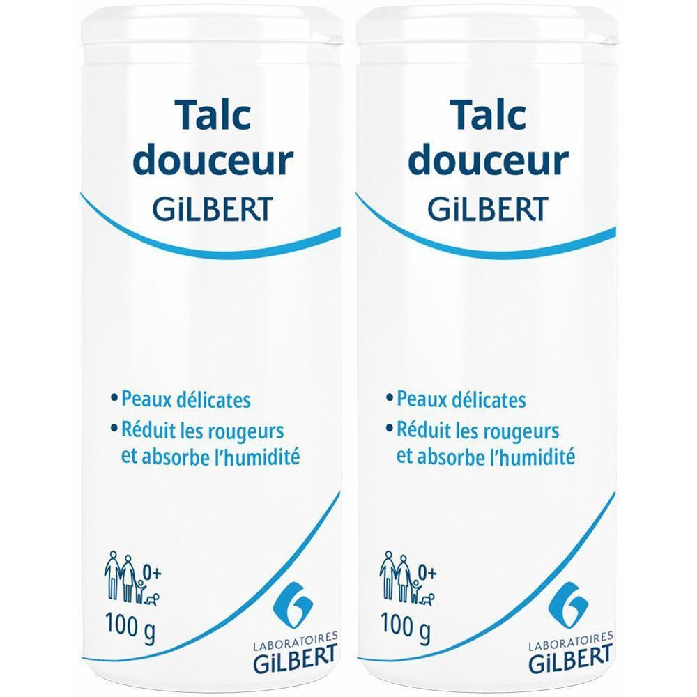 Twee witte flacons met blauwe opdruk. Opschrift: Talc douceur GILBERT. Tekst: Peaux délicates, Vermindert roodheid en absorbeert vocht. 100 g.