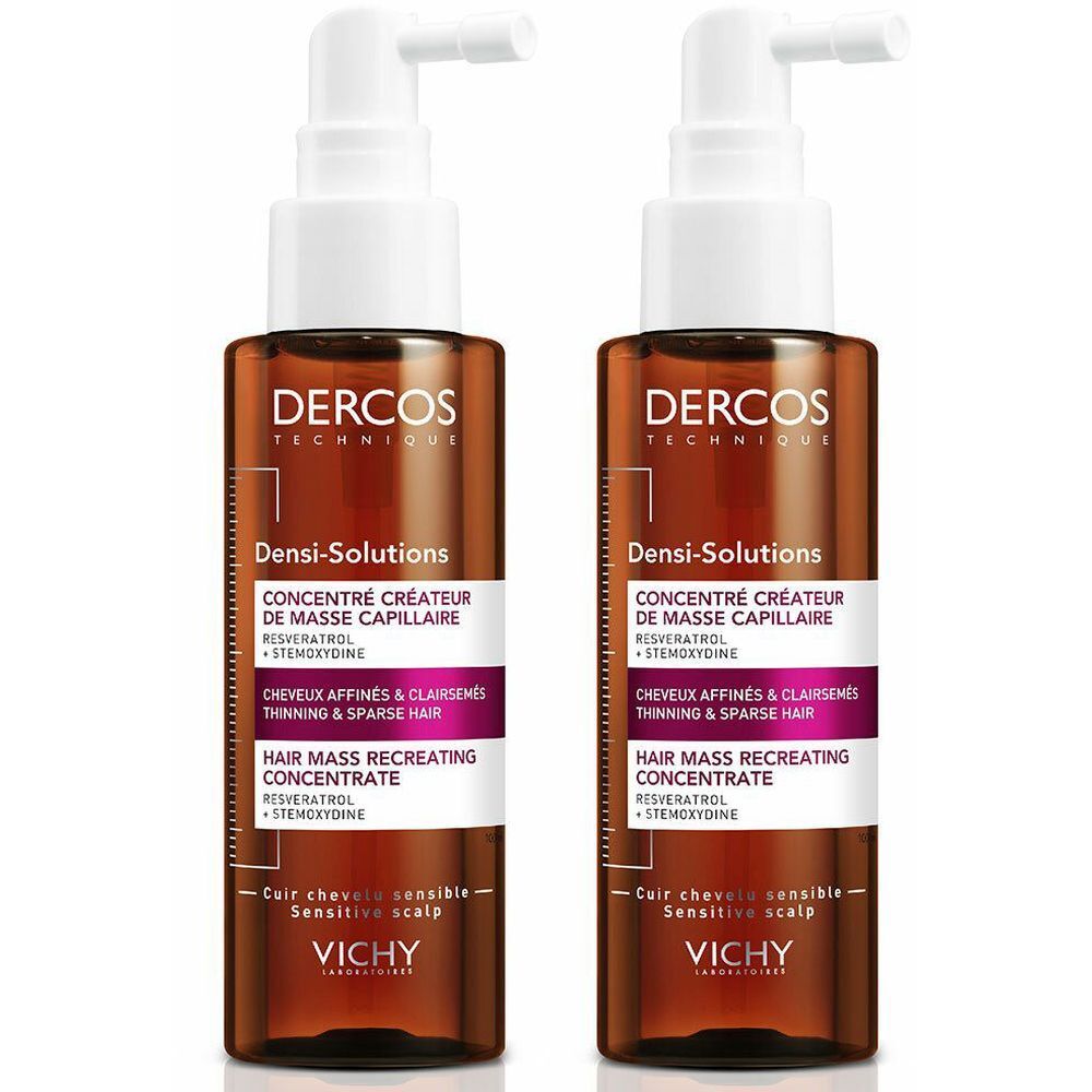 Twee bruine flacons met witte applicator. Opschrift: Dercos Technique Densi-Solutions, concentraat voor de hoofdhuid.