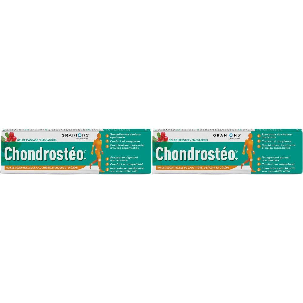 Twee tubes Chondrosteo+ gel. Witte verpakking met groene en rode accenten. Opschrift "Chondrosteo".