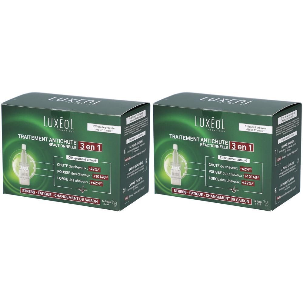 Deux boîtes LUXÉOL, Traitement Antichute 3 en 1. Contient des ampoules. Vert et blanc.