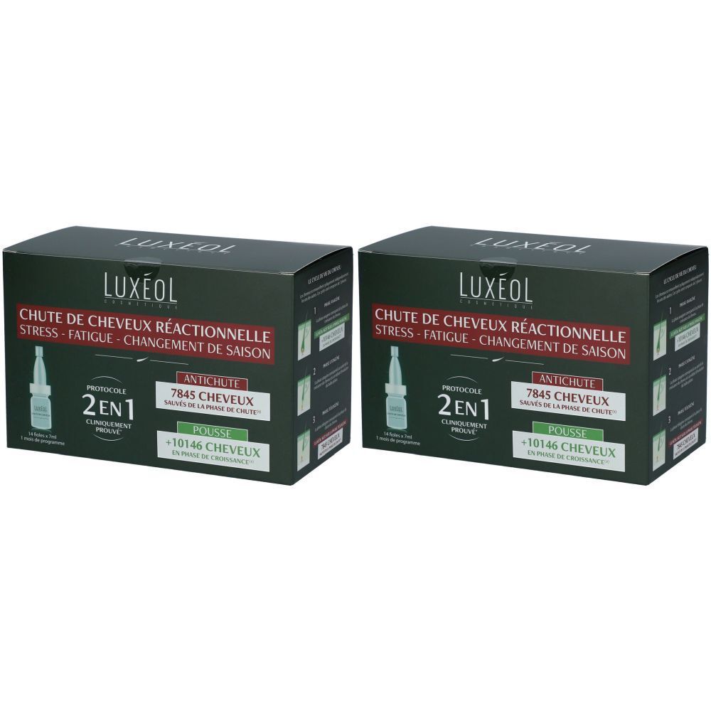 Twee dozen LUXÉOL. Opschrift: Chute de Cheveux Réactionnelle, 2 en 1. Bevat ampullen. Groen-zwarte verpakking.