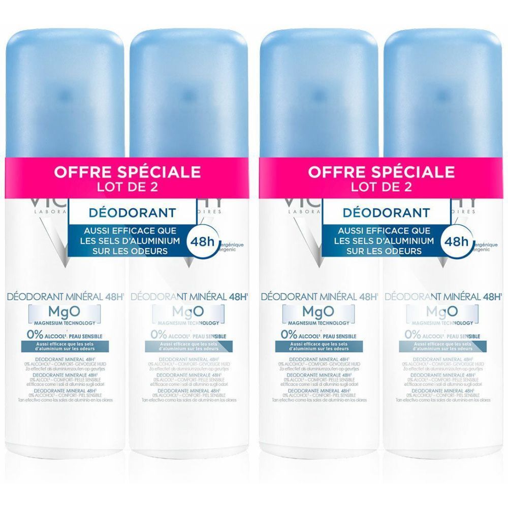 Quatre déodorants Vichy en aérosol. Capuchons bleus, étiquettes roses. Inscription : OFFRE SPÉCIALE, DÉODORANT, 48h. Sans sels d'aluminium.
