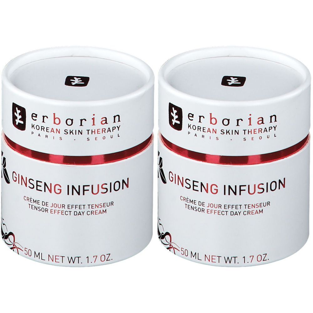 Twee witte cilindrische containers met rode accenten. Opschrift: Ginseng Infusion, 50 ml, 1.7 oz. Merk: erborian.