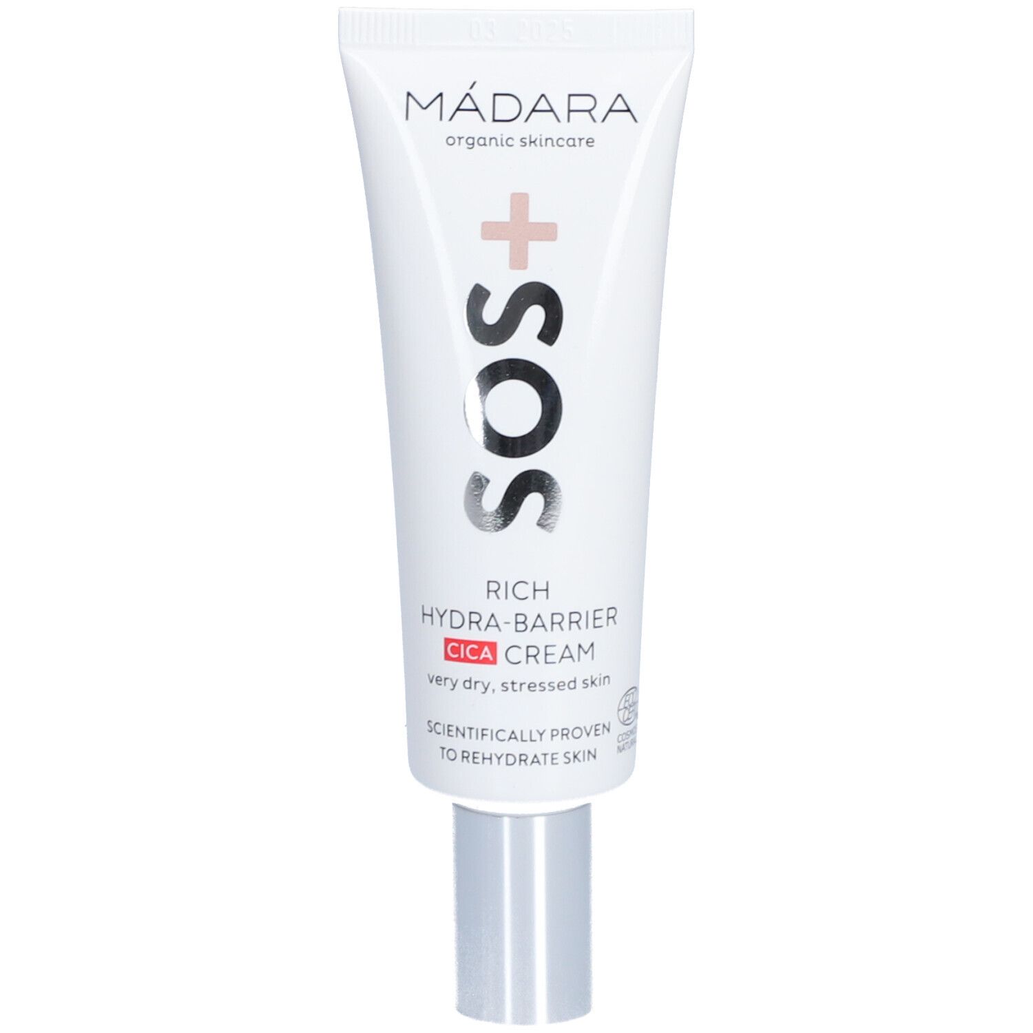 Witte tube met zilveren dop. Opschrift: MÁDARA, SOS, Rich Hydra-Barrier CICA Cream. Voor zeer droge, gestreste huid.