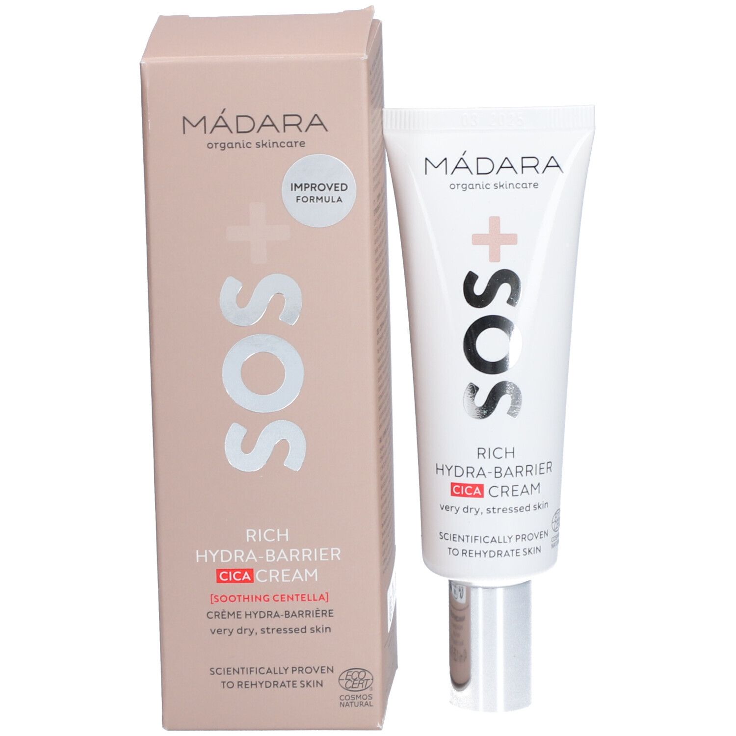 Productverpakking en tube. Roze doos met witte tube. Opschrift: MÁDARA, SOS, Rich Hydra-Barrier CICA Cream. Voor zeer droge huid.