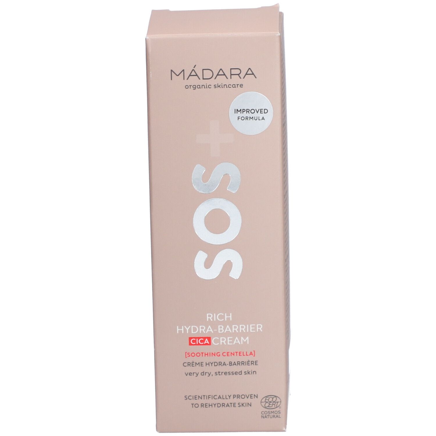Roze productverpakking. Opschrift: MÁDARA, SOS, Rich Hydra-Barrier CICA Cream. Voor zeer droge huid. Met de vermelding: Improved Formula.