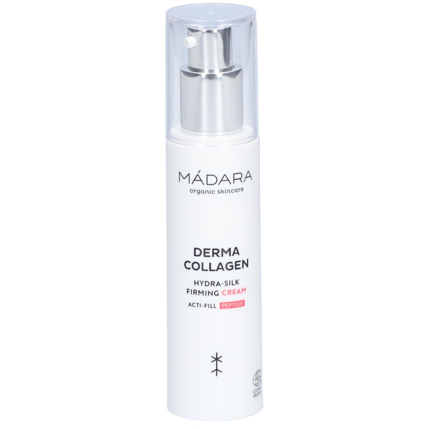 Flacon blanc avec pompe. Inscription : MÁDARA, Derma Collagen Hydra-Silk Firming Cream. Avec certification.