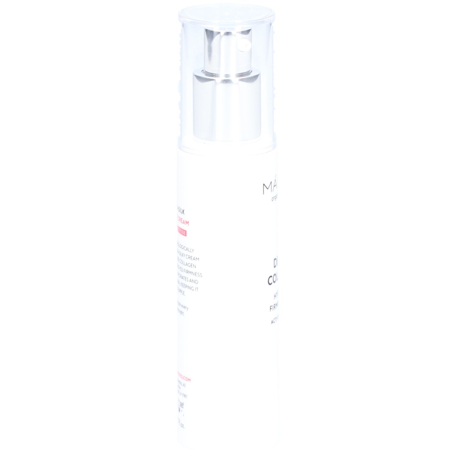 Flacon blanc avec pompe. Inscription : MÁDARA, Derma Collagen Hydra-Silk Firming Cream. Avec certification.