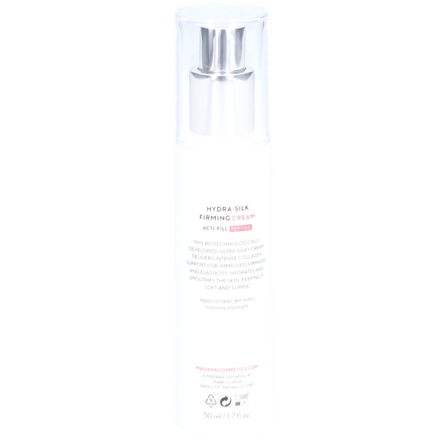 Flacon blanc avec pompe. Inscription : MÁDARA, Derma Collagen Hydra-Silk Firming Cream. Avec certification.