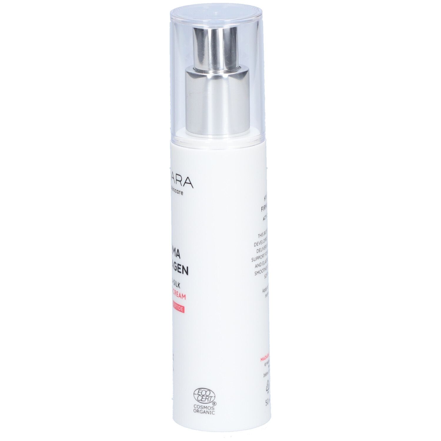 Flacon blanc avec pompe. Inscription : MÁDARA, Derma Collagen Hydra-Silk Firming Cream. Avec certification.