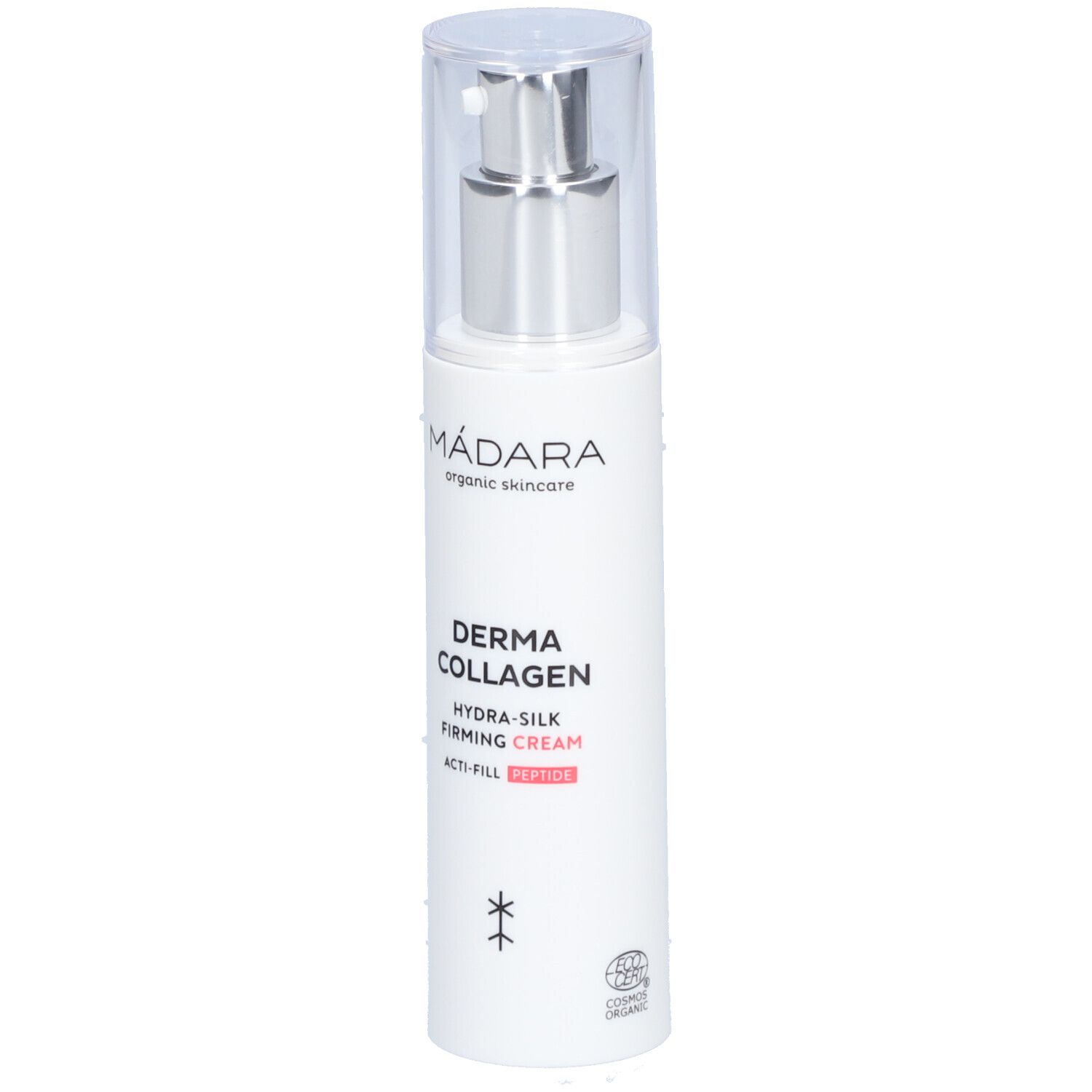 Flacon blanc avec pompe. Inscription : MÁDARA, Derma Collagen Hydra-Silk Firming Cream. Avec certification.