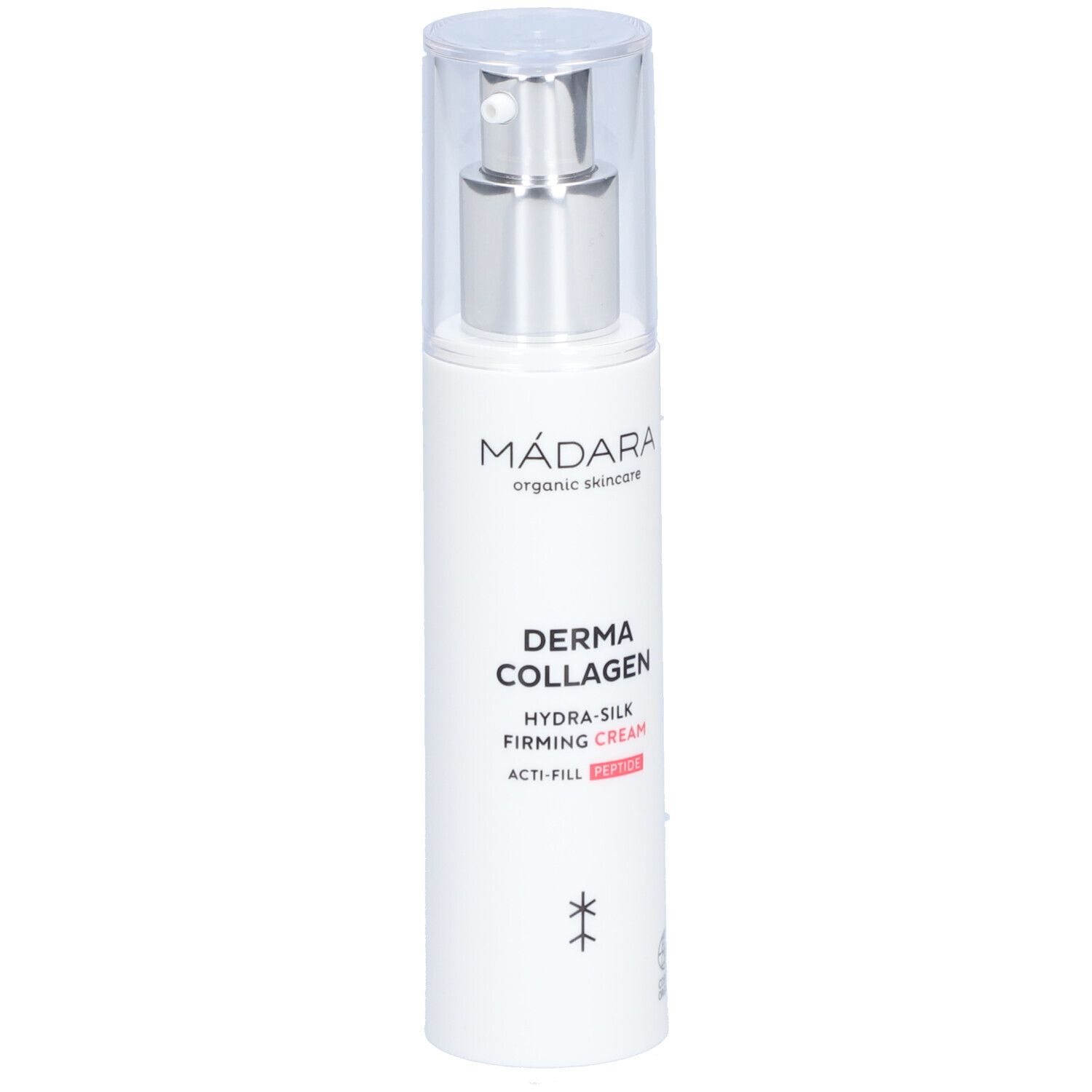 Flacon blanc avec pompe. Inscription : MÁDARA, Derma Collagen Hydra-Silk Firming Cream. Avec certification.