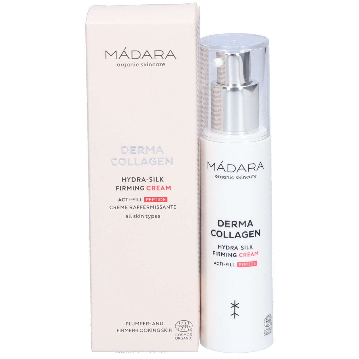 Flacon blanc et boîte. Inscription : MÁDARA, Derma Collagen Hydra-Silk Firming Cream. Avec certification.