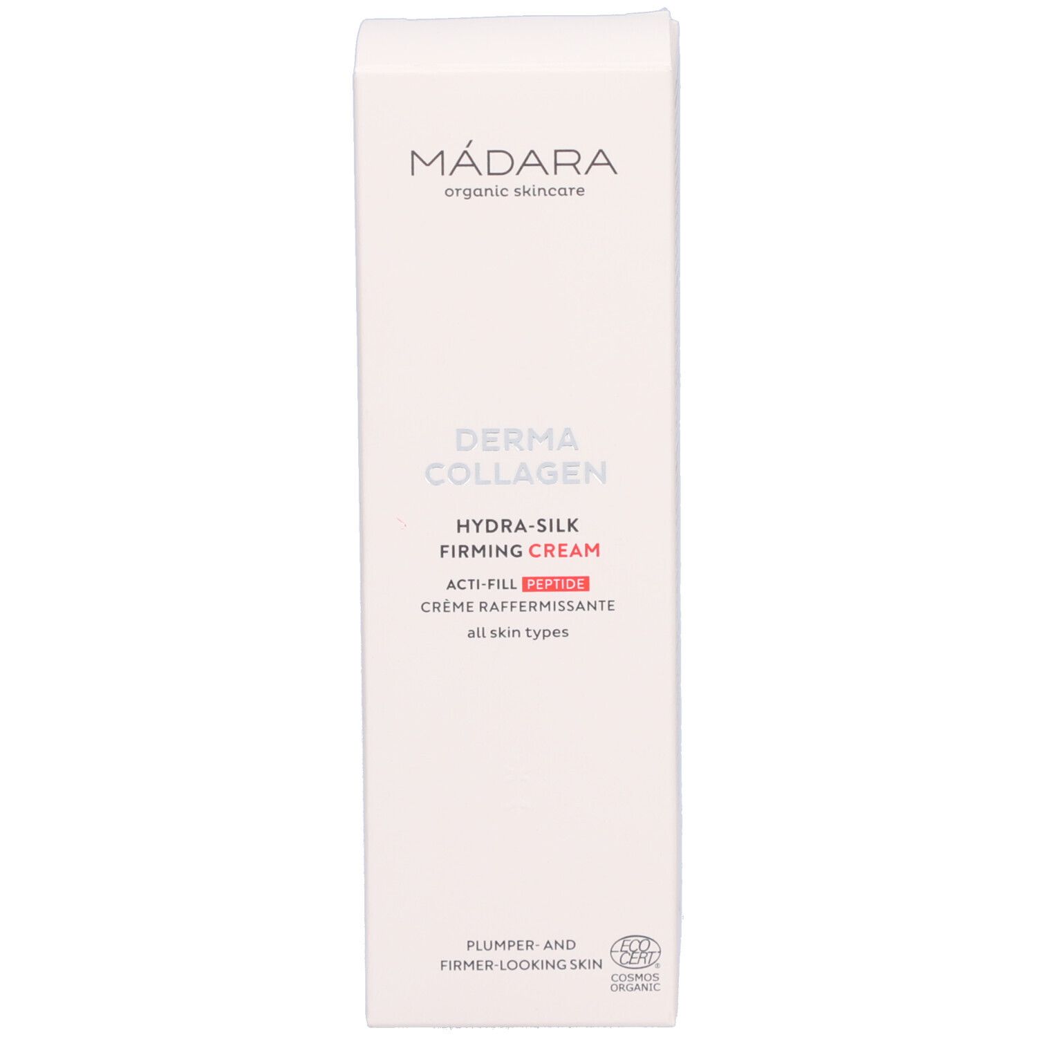 Boîte. Inscription : MÁDARA, Derma Collagen Hydra-Silk Firming Cream. Avec certification.