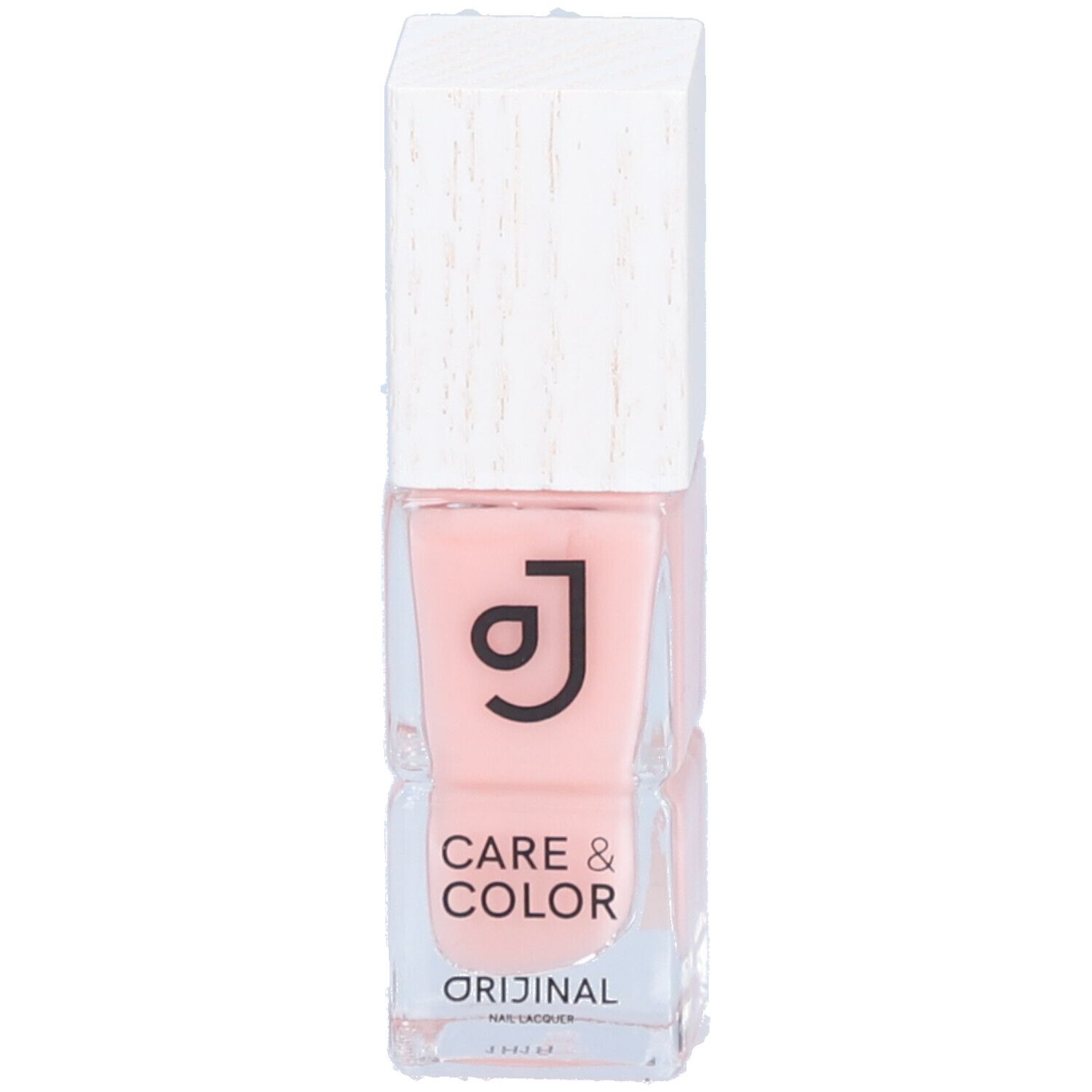 Roze nagellakfles met witte dop. Opschrift: Care & Color, Orijinal.