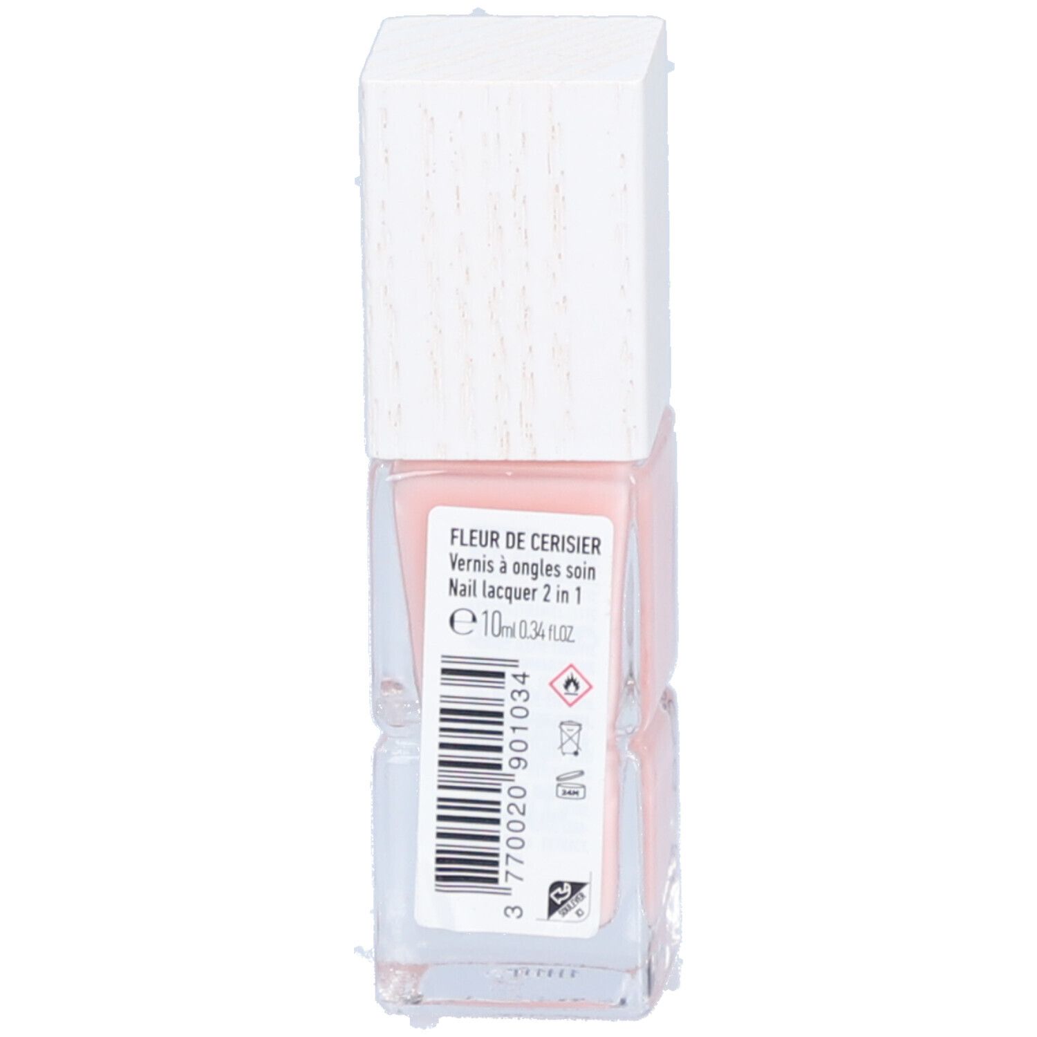 Achterkant van de nagellakfles. Tekst: Fleur de cerisier, Vernis à ongles soin, Nail lacquer 2 in 1. E10ml.