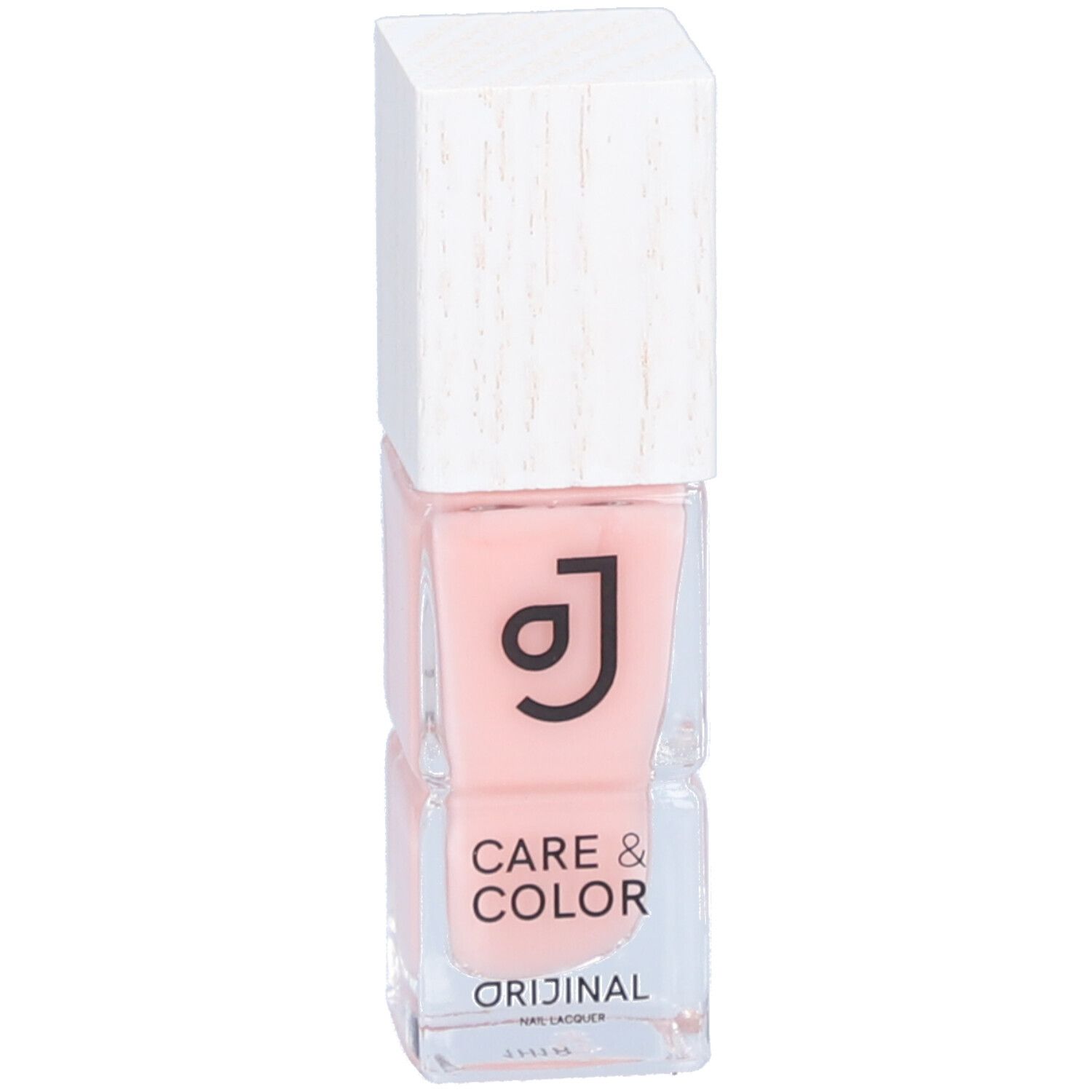 Roze nagellakfles met witte dop. Opschrift: Care & Color, Orijinal.