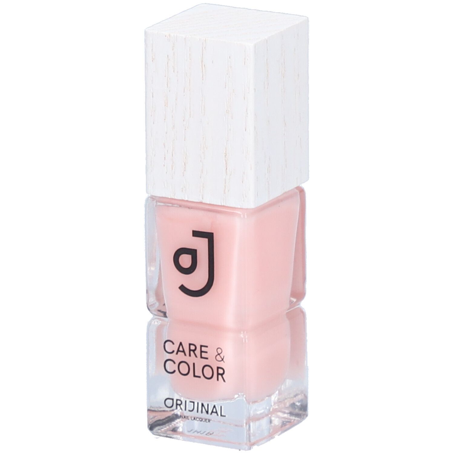 Roze nagellakfles met witte dop. Opschrift: Care & Color, Orijinal.