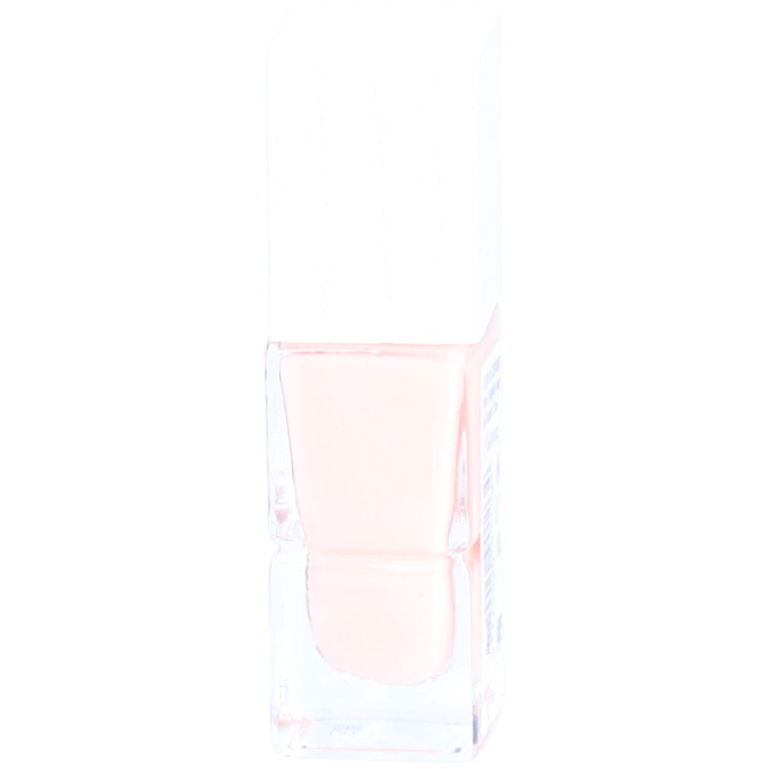 Nagellakfles, roze inhoud, witte dop. Zijaanzicht.