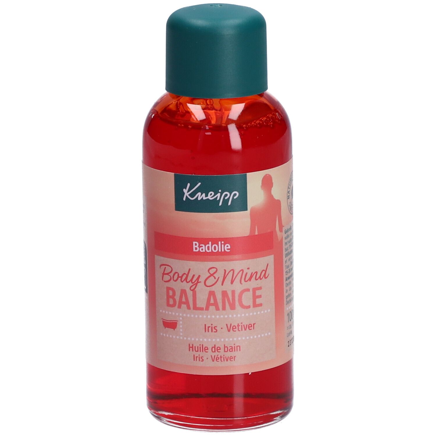 Flacon d'huile de bain Kneipp. Liquide rouge, bouchon vert. Inscription : Body & Mind Balance, Iris - Vétiver. Étiquette produit.