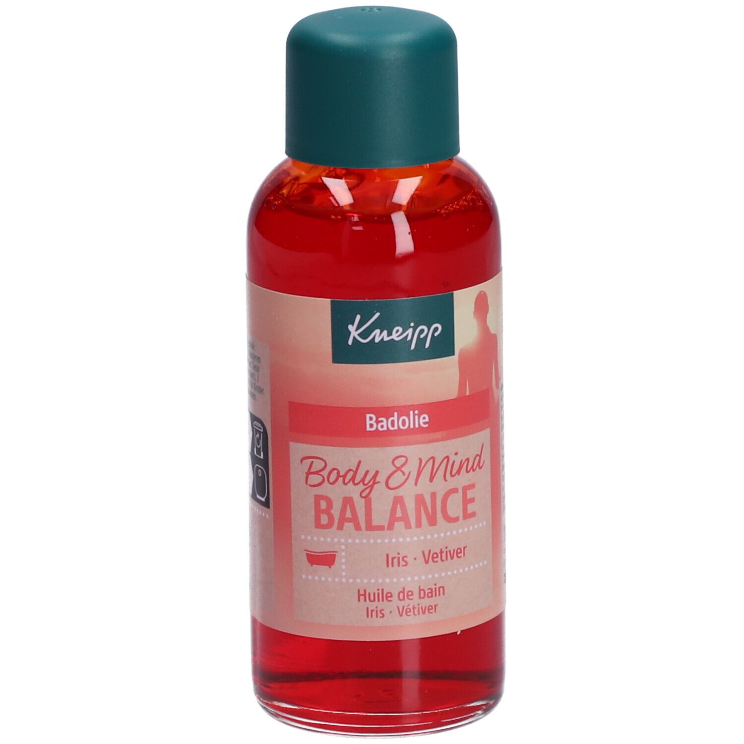 Flacon d'huile de bain Kneipp. Liquide rouge, bouchon vert. Inscription : Body & Mind Balance, Iris - Vétiver. Vue du produit.