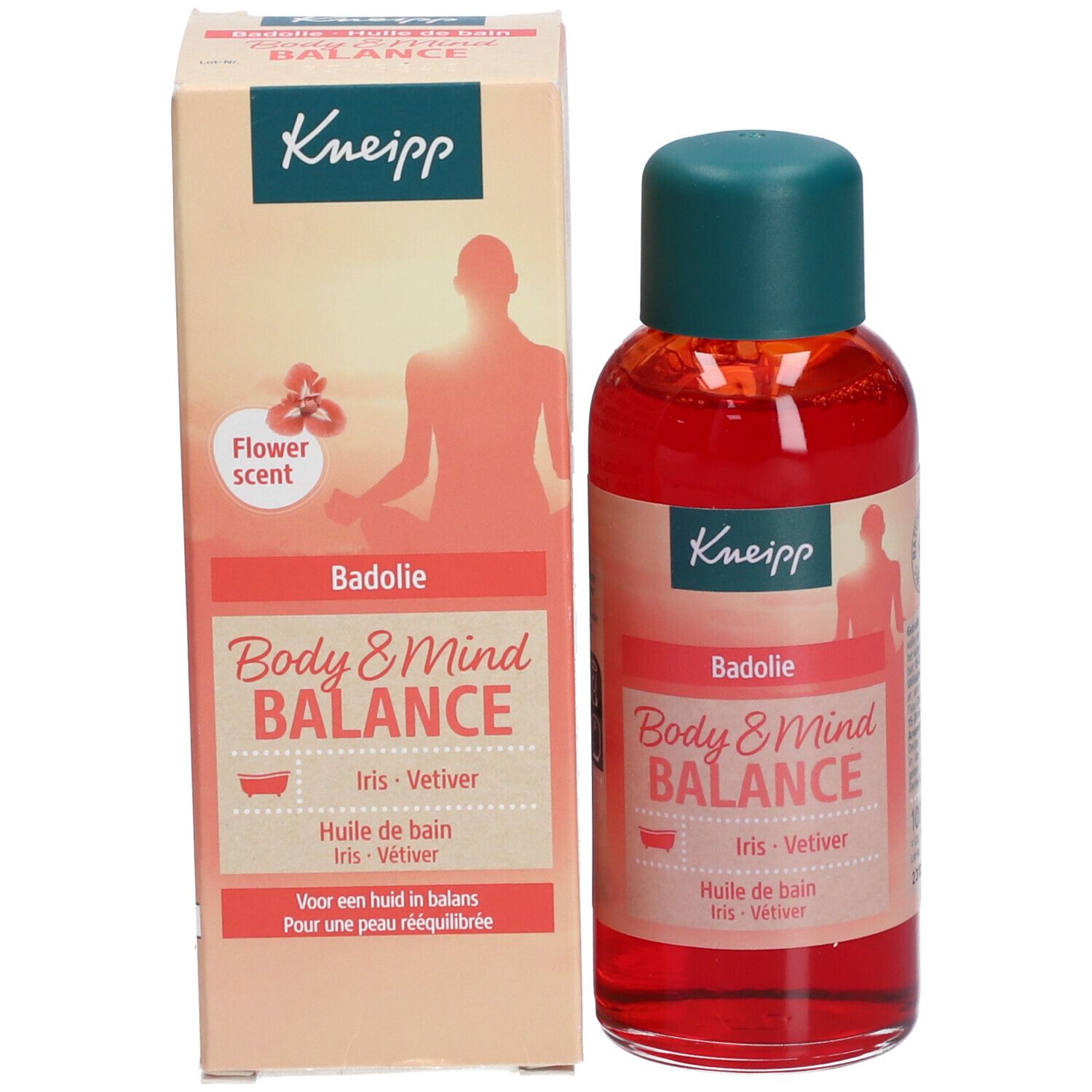 Flacon d'huile de bain Kneipp et emballage. Liquide rouge, bouchon vert. Inscription : Body & Mind Balance. Emballage avec texte.