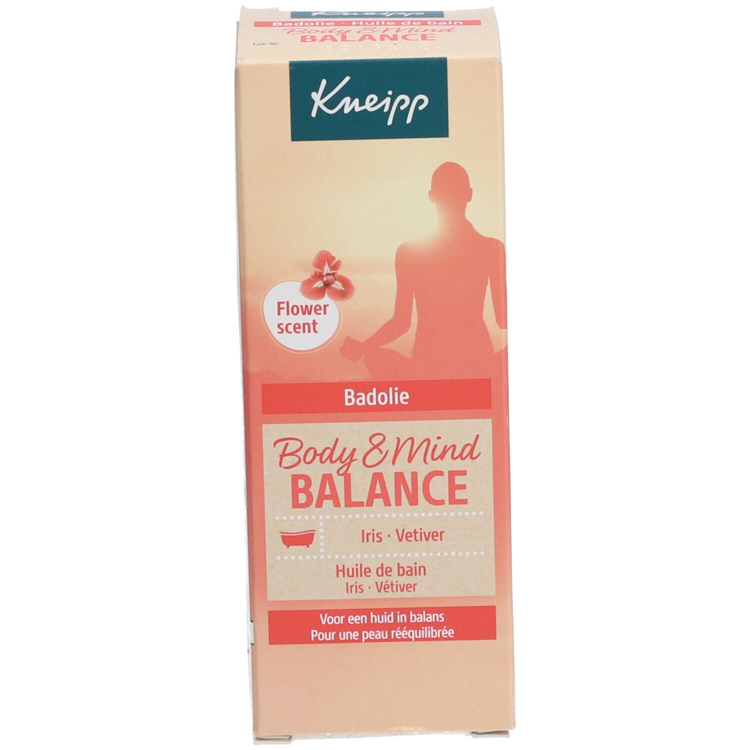 Emballage du produit Kneipp. Inscription : Body & Mind Balance, Iris - Vétiver. Emballage avec texte et logo.