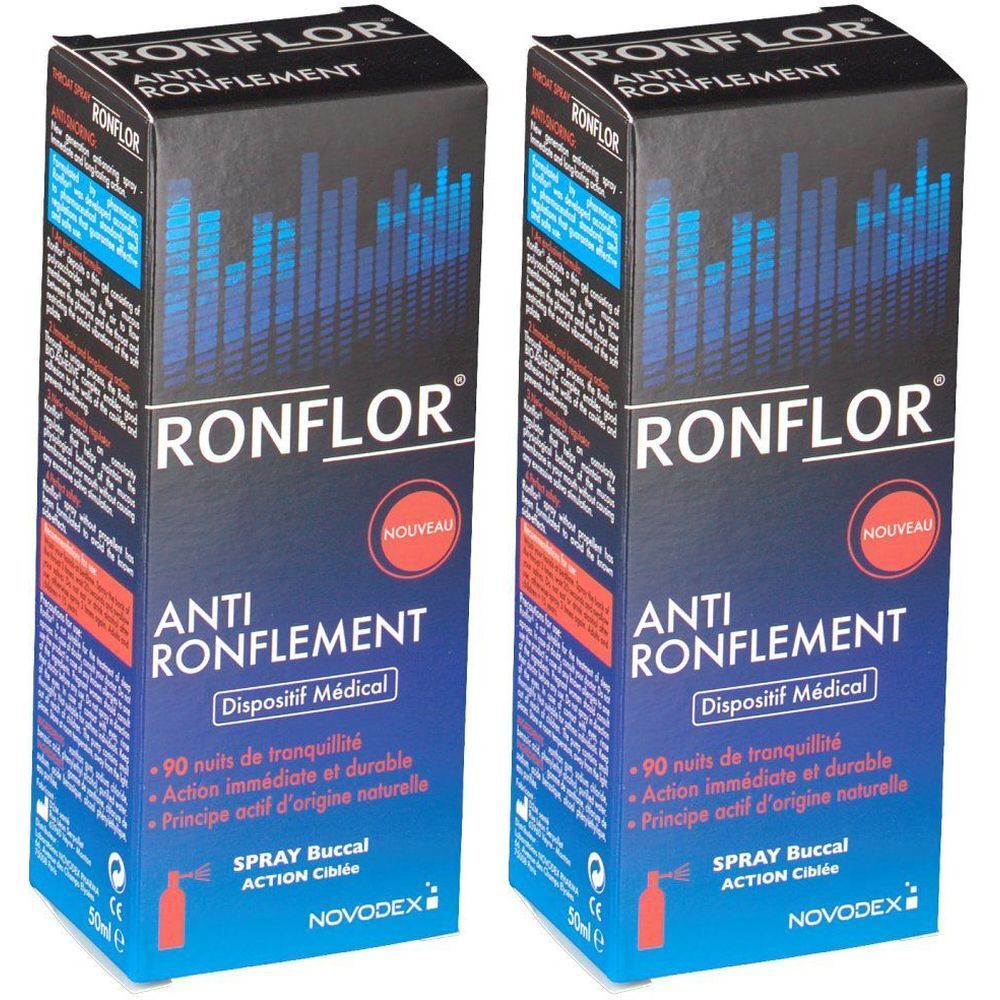 Deux boîtes de RONFLOR Anti-ronflement. Texte : "Dispositif Médical". Avec autocollant rouge "NOUVEAU". Graphiques bleus et blancs.
