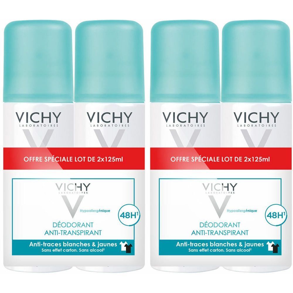 Vier deodorant roll-ons. Lichtblauwe doppen, witte flacons met rode band. Opschrift: VICHY, Déodorant Anti-Transpirant, 48H.