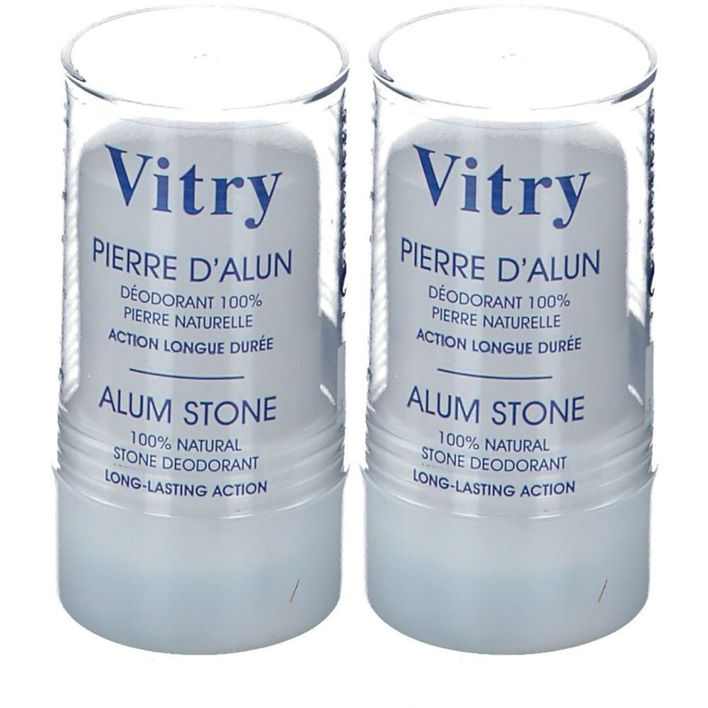 Twee deodorantstiften in transparante hulzen. Opschrift: Vitry Pierre d'Alun, 100% natuurlijke deodorant, Alum Stone.
