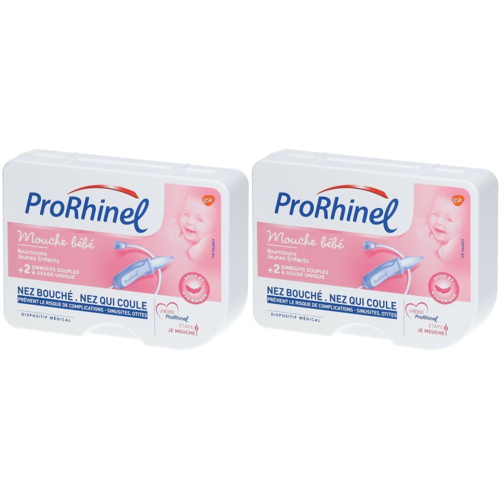 Deux boîtes blanches avec détails roses. Inscription ProRhinel Mouche bébé. Illustration d'un bébé et d'un schéma d'aspirateur nasal.