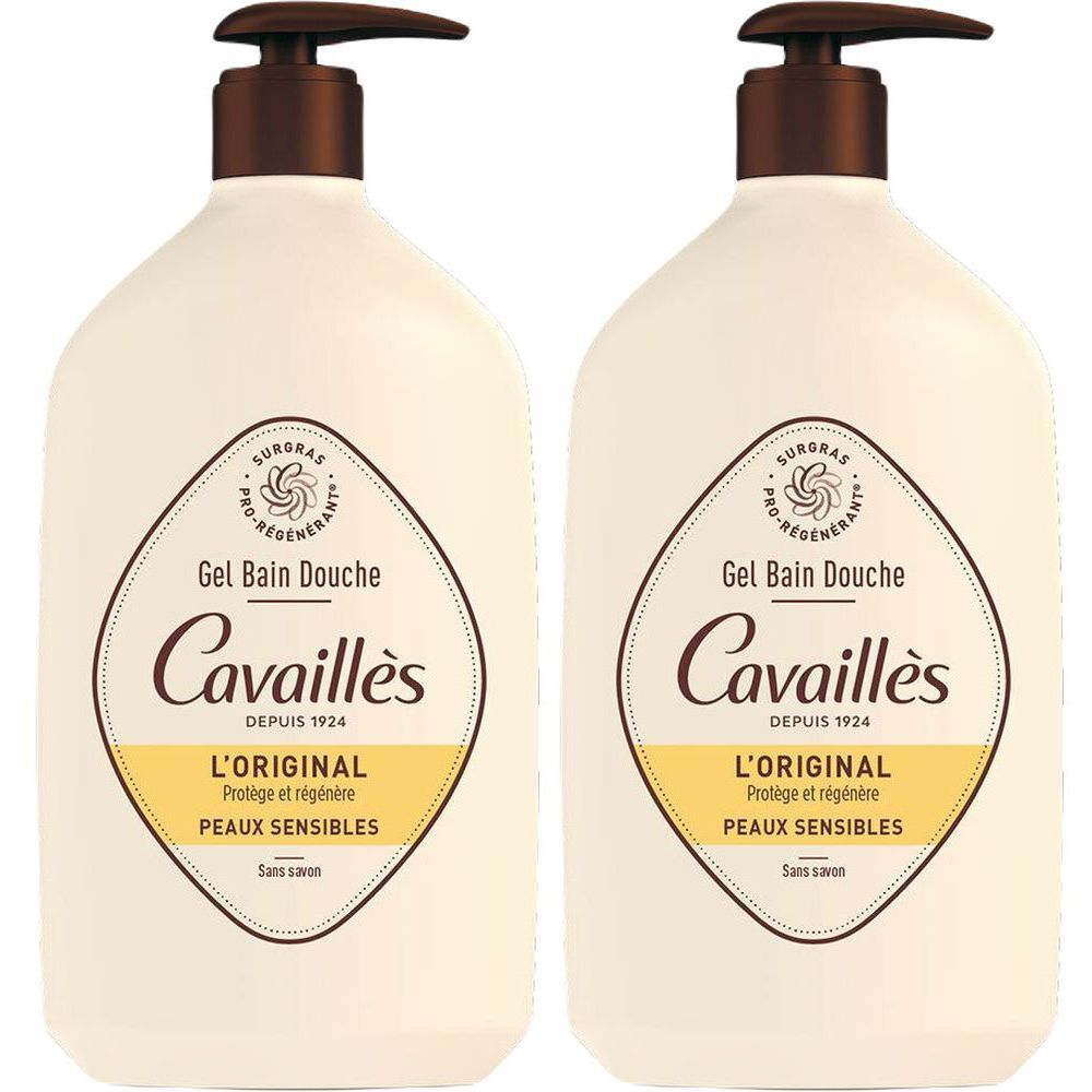 Deux flacons de gel douche avec pompes marron. Inscription : Cavaillès, L'Original, peaux sensibles.