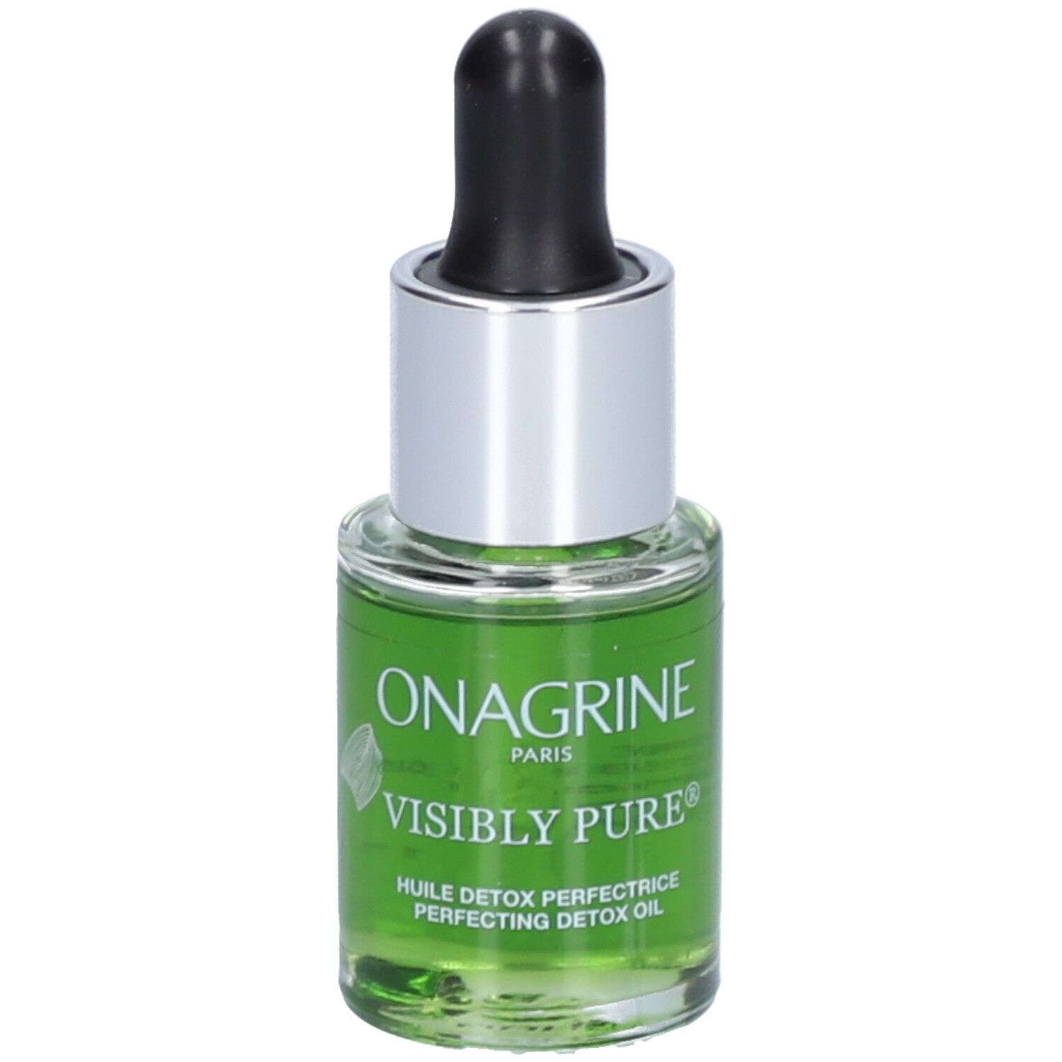 Groene vloeistof in een glazen fles met zwarte pipet en zilveren dop. Opschrift: Onagrine Visibly Pure.