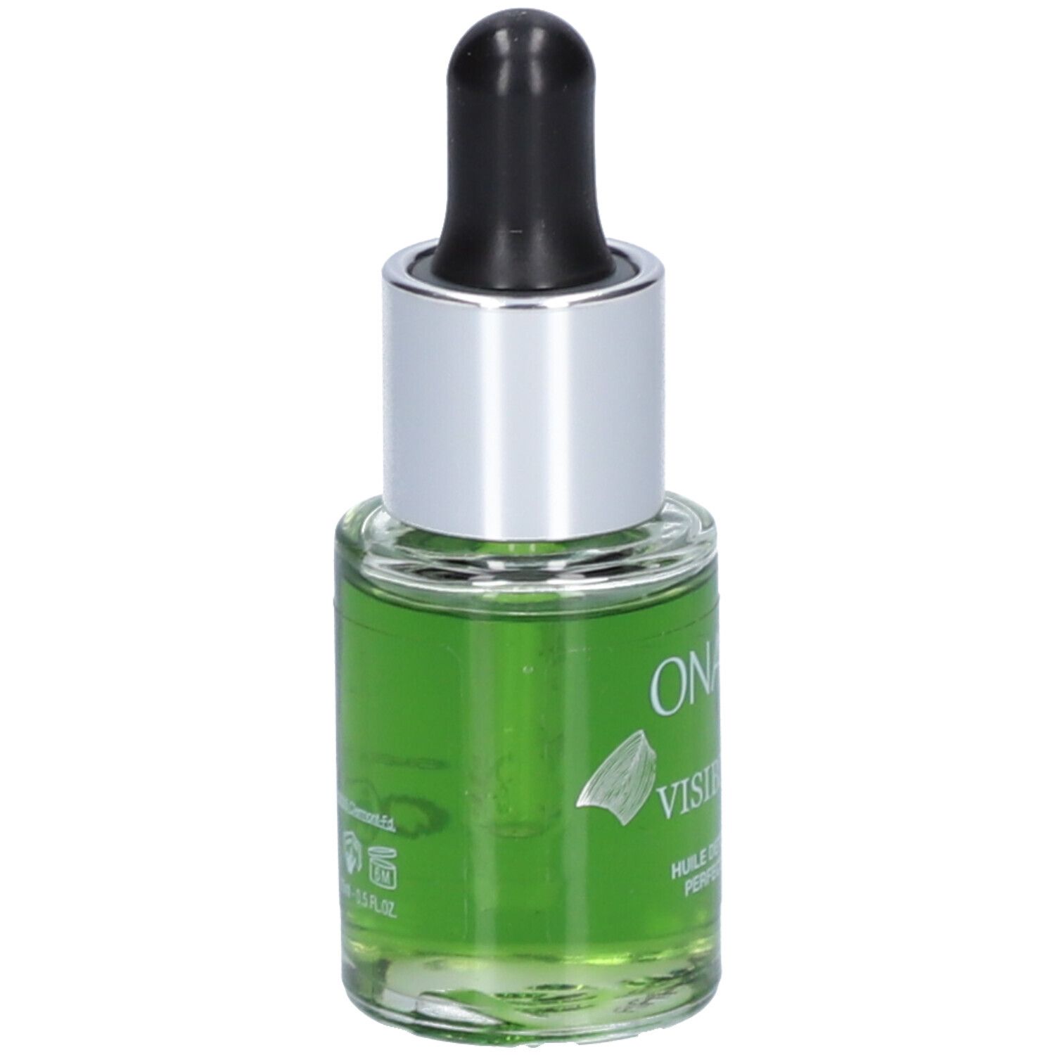 Groene vloeistof in een glazen fles met zwarte pipet en zilveren dop. Opschrift: Onagrine Visibly Pure.