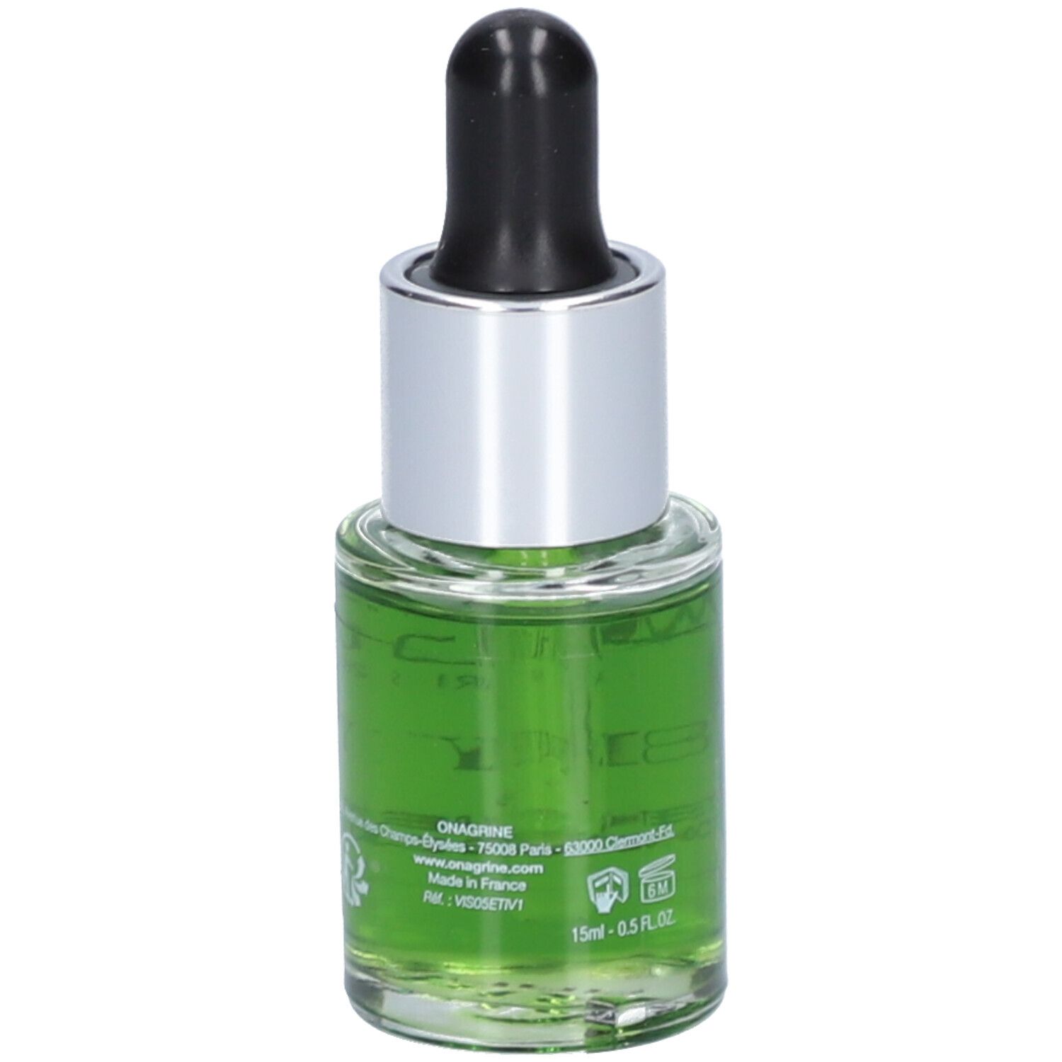 Glazen fles met groene vloeistof, zwarte pipet en zilveren dop. Opschrift: Onagrine. Achterkant met tekst en logo's.