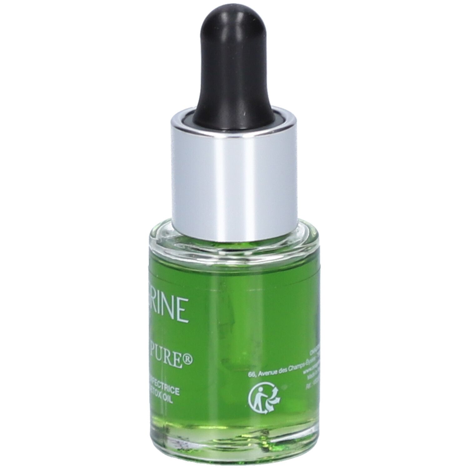 Glazen fles met groene vloeistof, zwarte pipet en zilveren dop. Opschrift: Onagrine Visibly Pure.