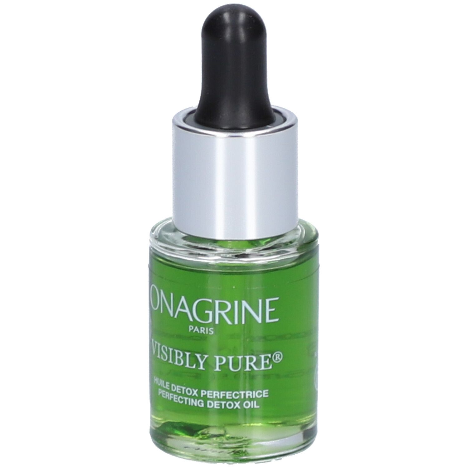 Glazen fles met groene vloeistof, zwarte pipet en zilveren dop. Opschrift: Onagrine Visibly Pure.
