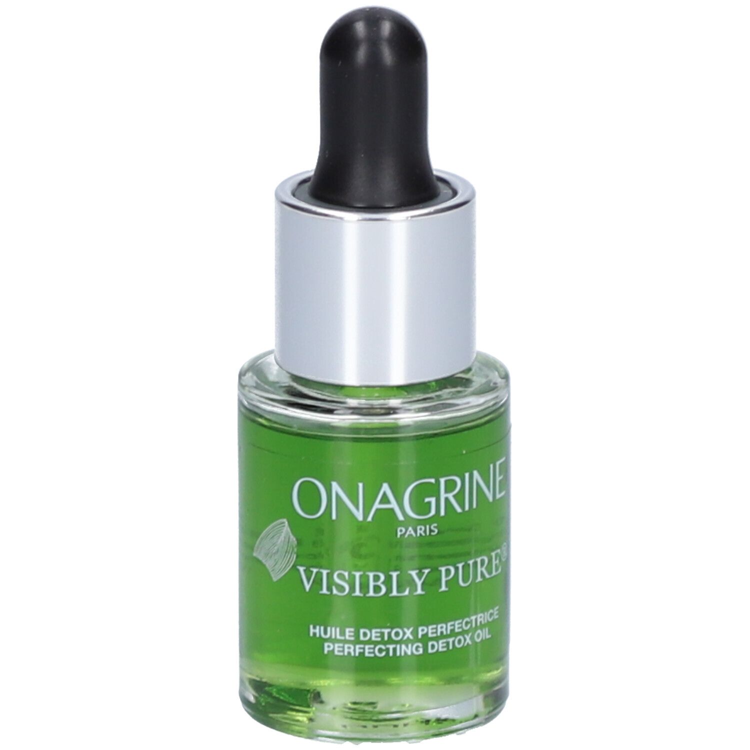 Glazen fles met groene vloeistof, zwarte pipet en zilveren dop. Opschrift: Onagrine Visibly Pure.