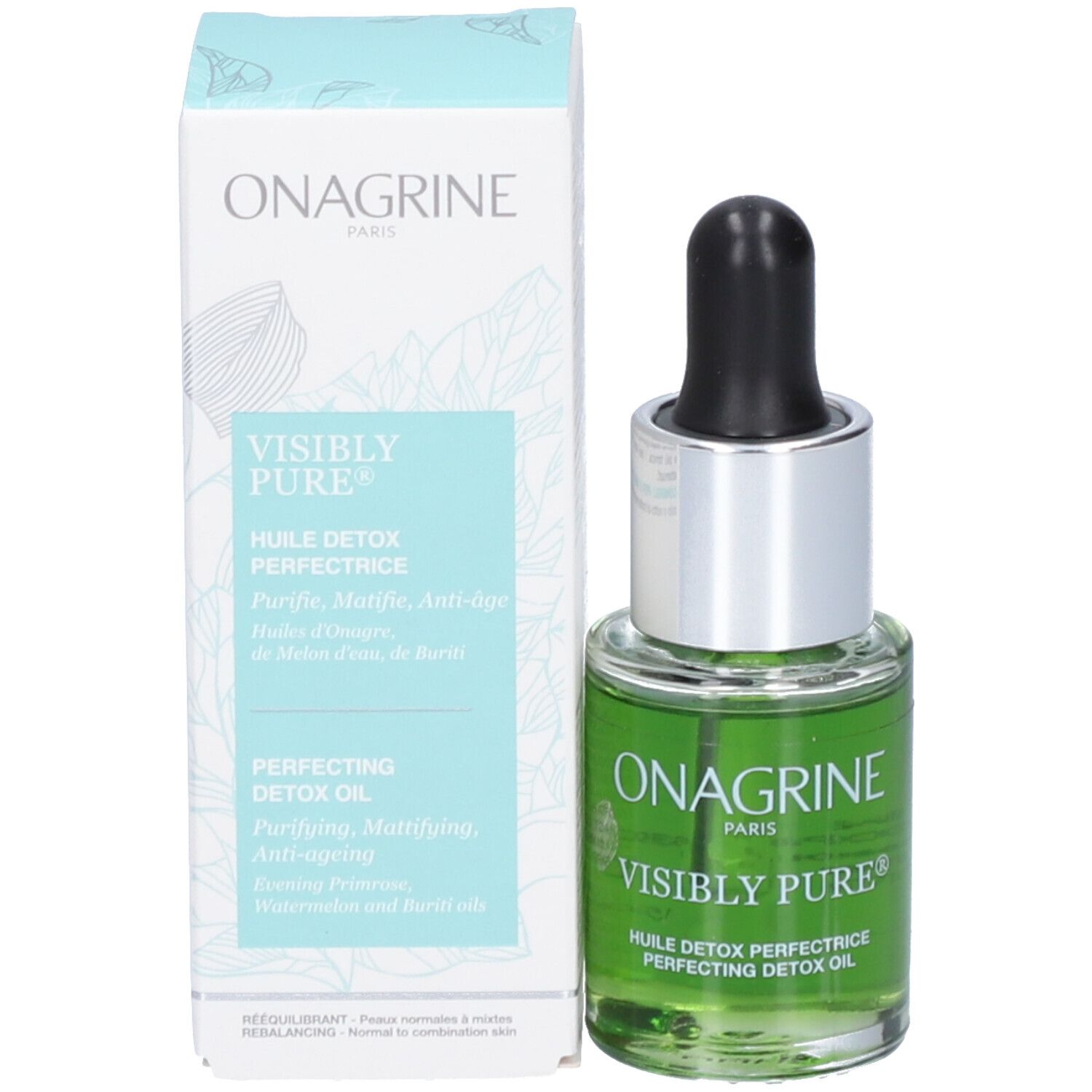 Productfles met groene vloeistof en verpakking. Opschrift: Onagrine Visibly Pure. Verpakking: wit met blauwe tekst.