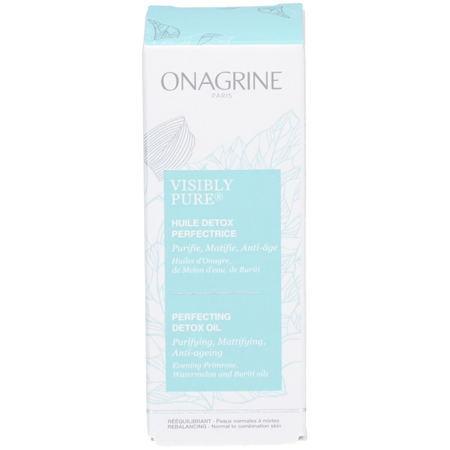 Witte verpakking met blauwe tekst. Opschrift: Onagrine Visibly Pure. Productbeschrijving en logo.
