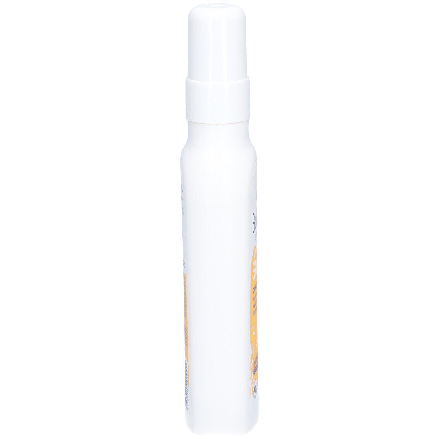 Witte fles met verstuiver. Biolane Expert Crème Solaire SPF50. Zijaanzicht. Geen andere details zichtbaar.