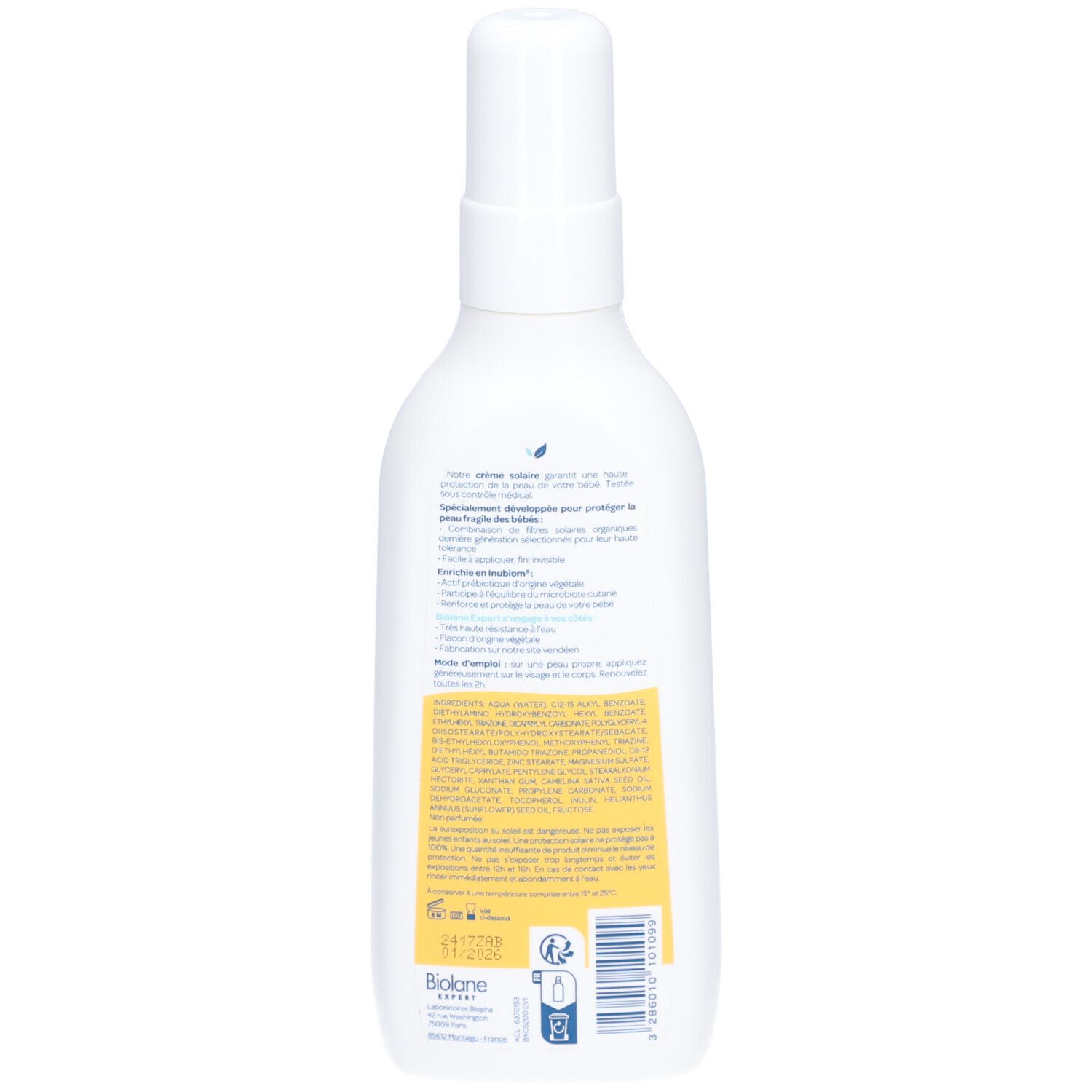 Achterkant van een witte fles met verstuiver. Tekst en informatie op geel etiket. Biolane Expert.