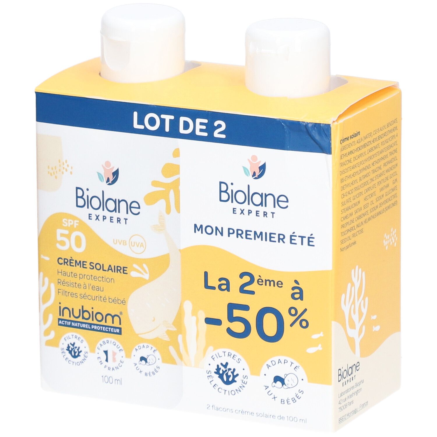 Biolane Expert Crème Solaire SPF50 DUO. Verpakking met twee flacons. Tekst: SPF 50, Mon premier été, -50%.