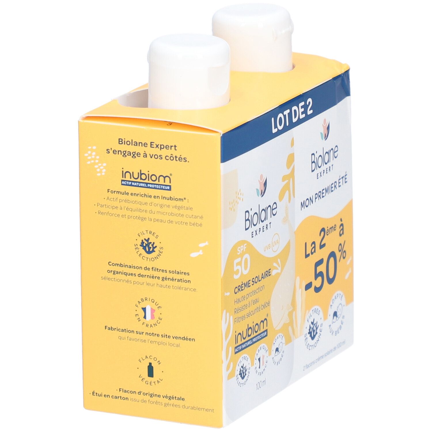 Biolane Expert Crème Solaire DUO. Verpakking met twee flacons. Tekst: Mon premier été, -50%. Ingrediënten op achterkant.